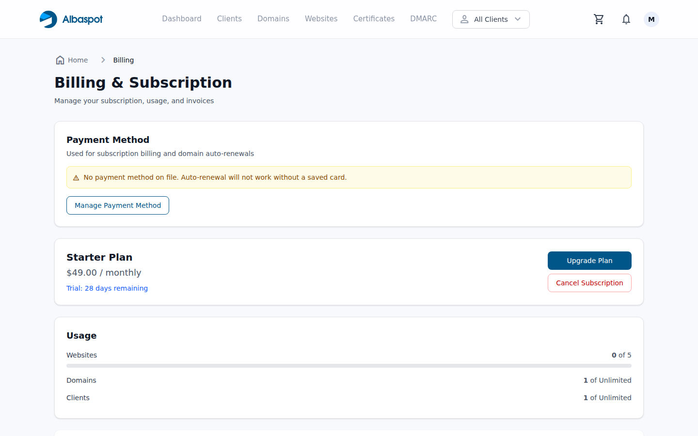 Albaspot billing dashboard showing a 30-day free trial with 28 days remaining and a 'Trial active — no charge until March 31, 2026' notice