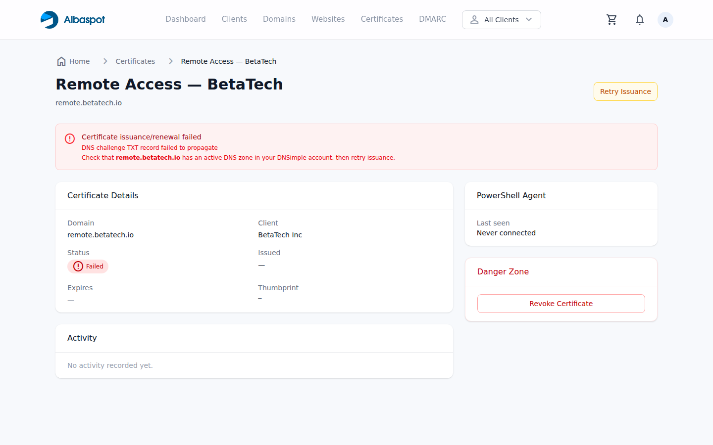 Certificate detail page showing a failed certificate with error message