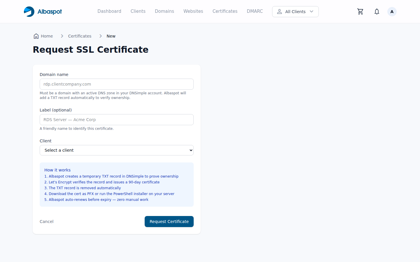 New certificate request form