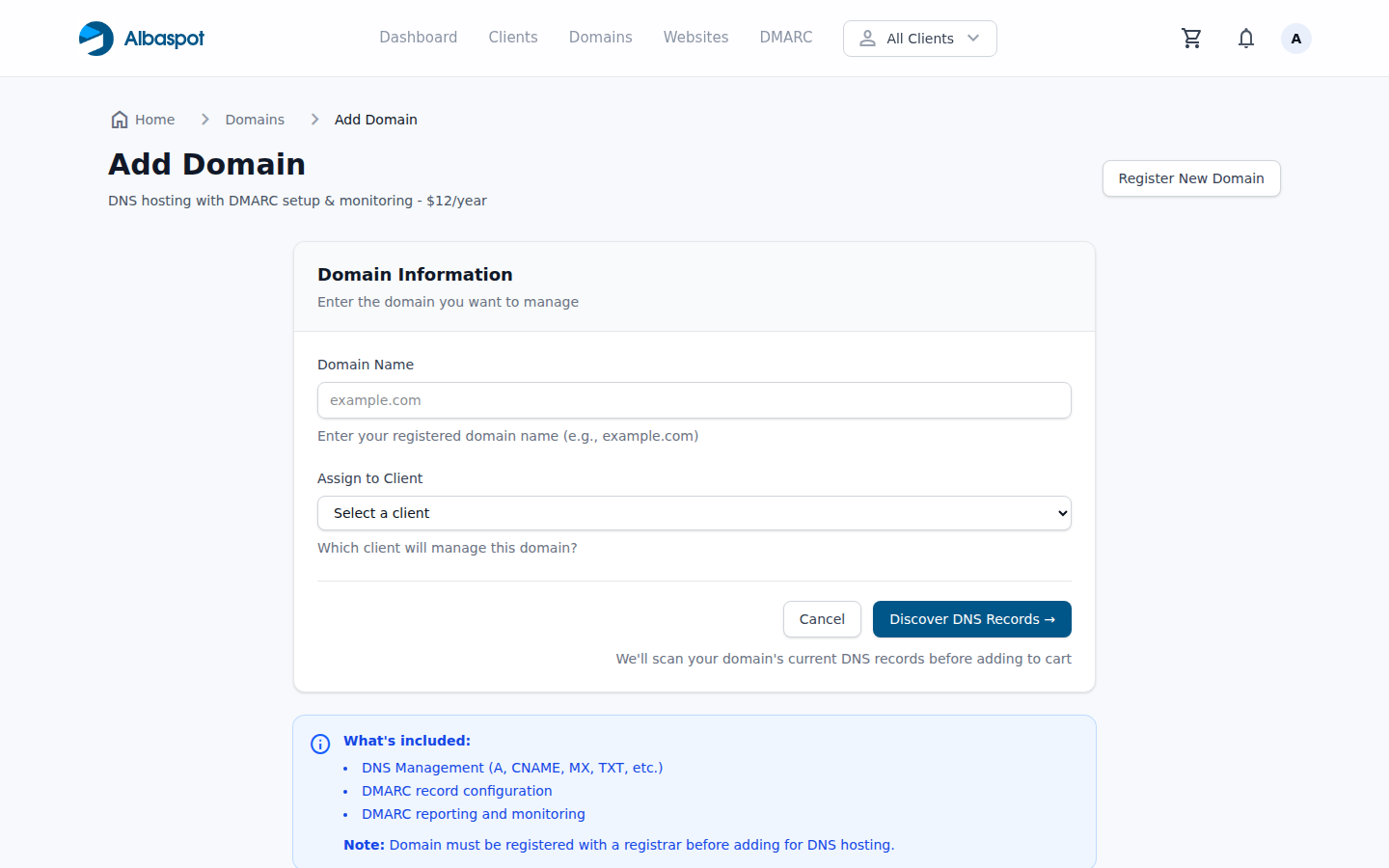 Register new domain form