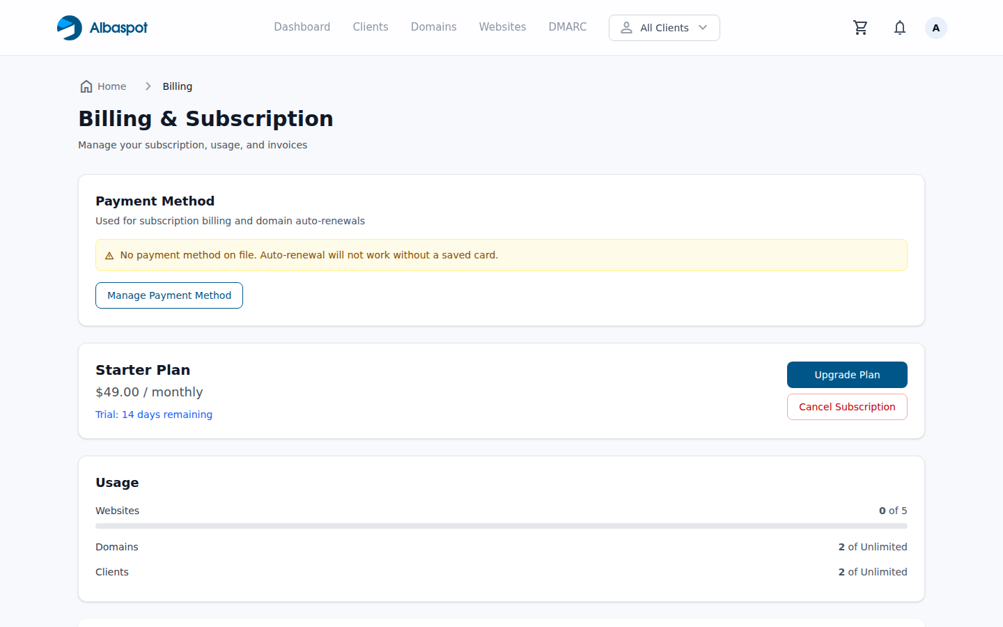 Billing settings page